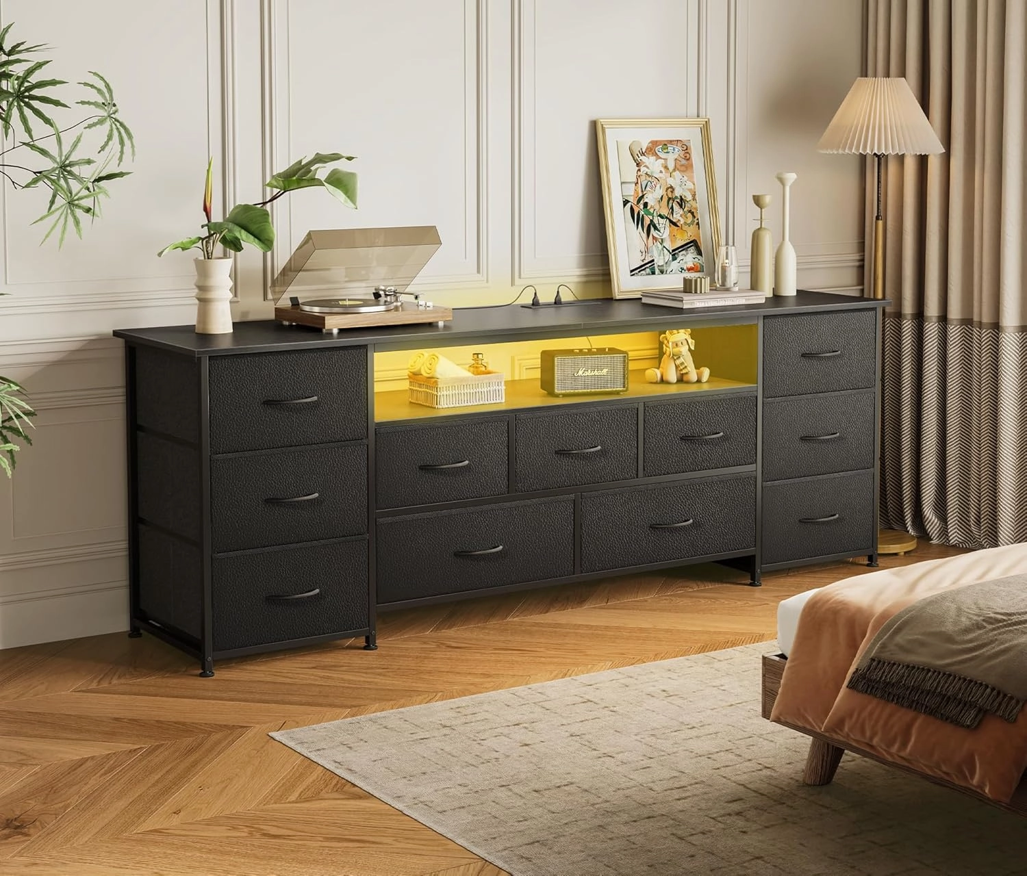 Huuger 63 Inch TV Stand for 65, 70 Inch TV, 11 Drawer Long Dresser with Power Outlets and LED Lights, Entertainment Center with Storage, Black Dresser with PU Leather Surface