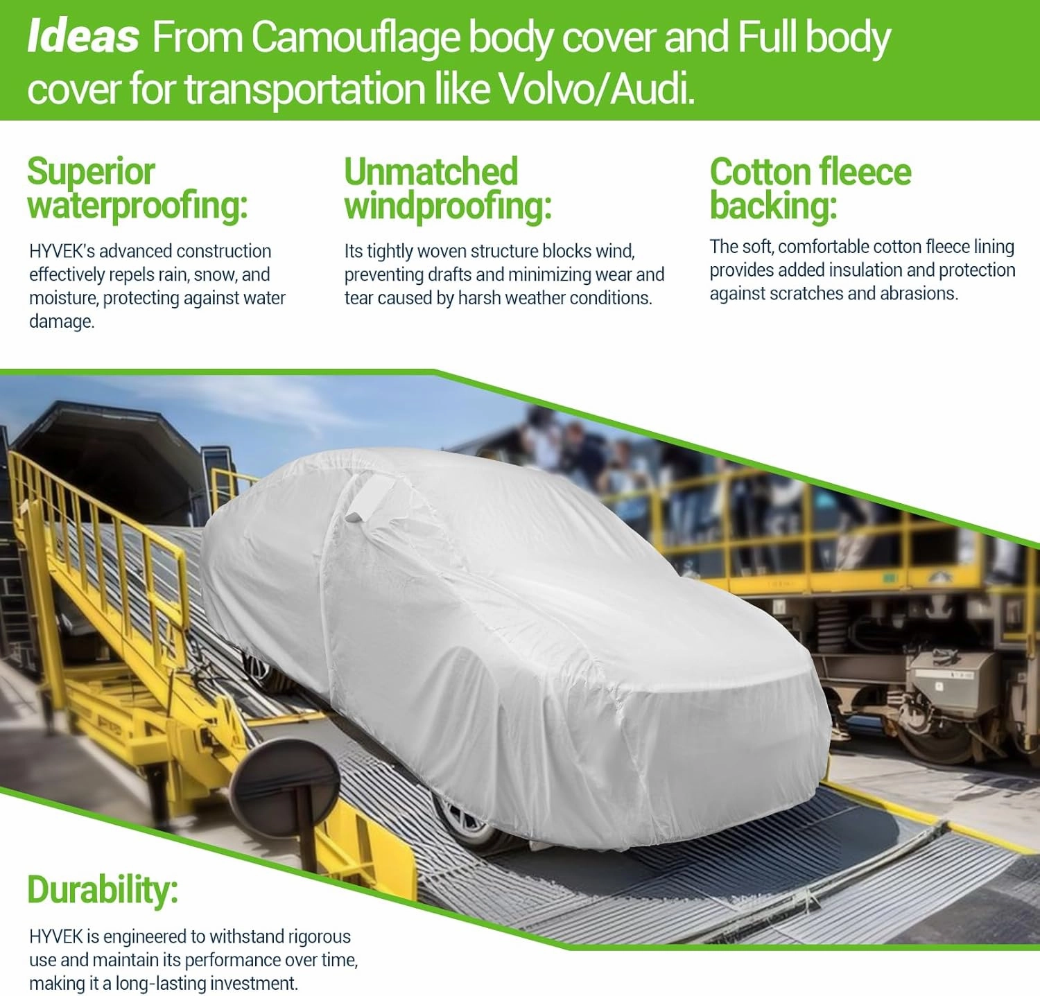 Hyvek Car Cover for Automobiles, All Weather Waterproof Outdoor Full Covers, Breathable and UV Protection, Ventilation Window and Door Zipper, Fit Sedan C6 206"-228", White