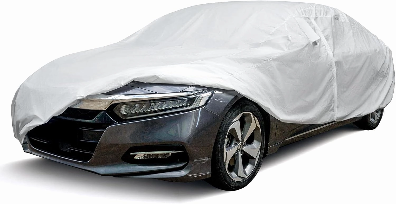 Hyvek Car Cover for Automobiles, All Weather Waterproof Outdoor Full Covers, Breathable and UV Protection, Ventilation Window and Door Zipper, Fit Sedan C6 206"-228", White