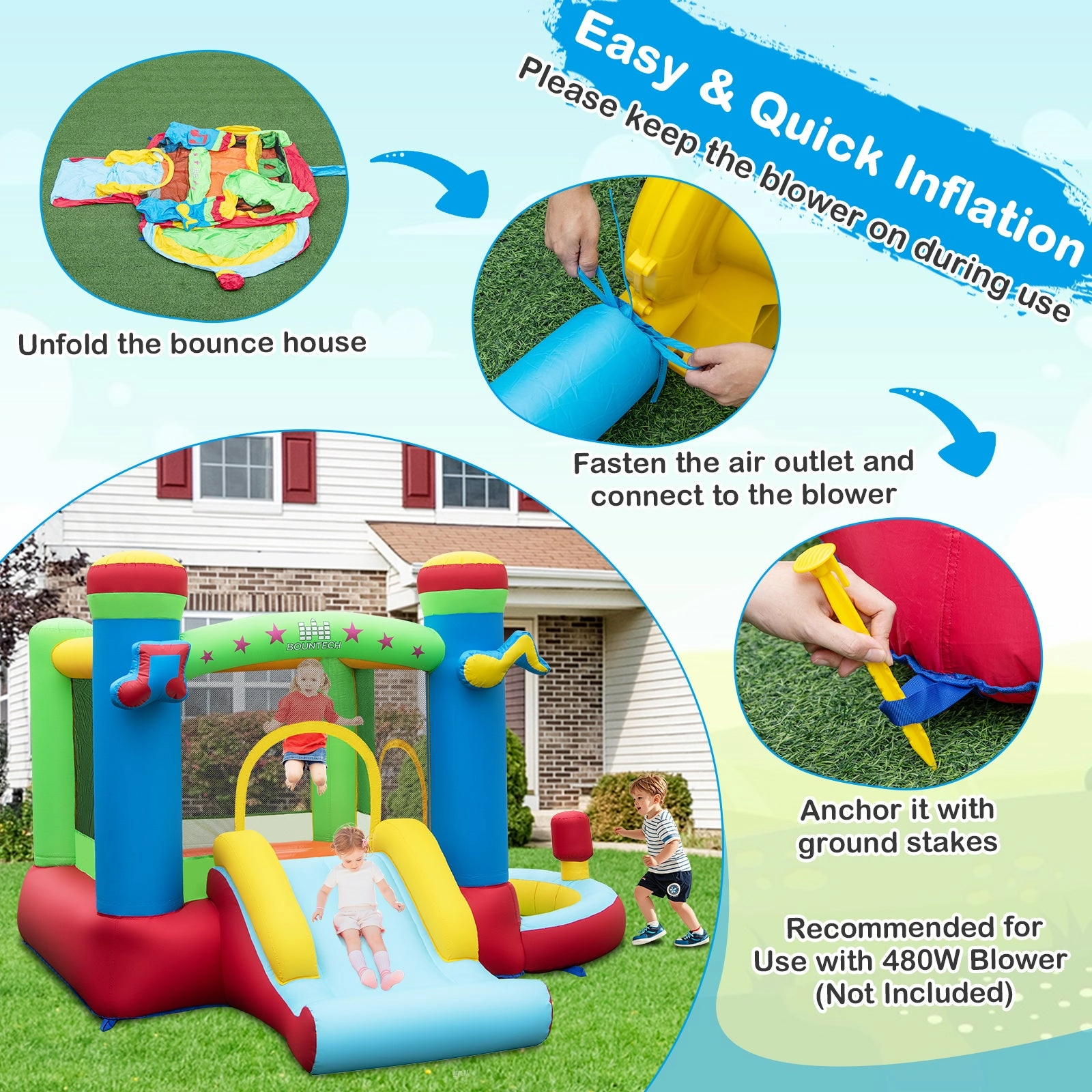Inflatable Bounce House Kids Music-Themed Castle Sound Interaction Inflatable Bouncer without Blower