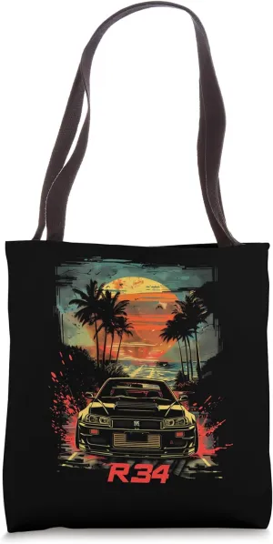 JDM Tokyo R34 Car Lowered Stance Summer Palm Trees Drift Car Tote Bag