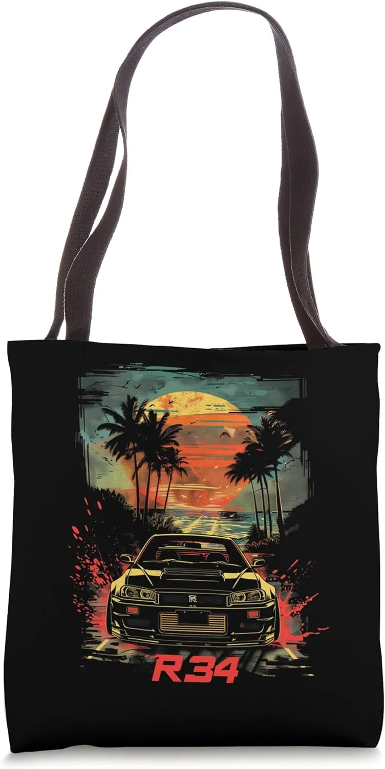 JDM Tokyo R34 Car Lowered Stance Summer Palm Trees Drift Car Tote Bag
