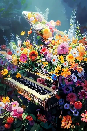 Jigsaw Puzzle 500 Pieces for Adults Diamond Painting - The Piano Surrounded by Colorful Flowers Diamond Art Kits Full Round Gemstone Stitch Kit, for Wall Decor 20.5 x 15 in