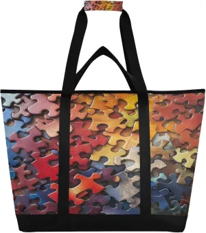 Jigsaw Puzzle Pattern Reusable Insulated Lunchbox Cooler Bag, Leakproof Kitchen Grocery Bag Collapsible Portable Cooler Tote Bag for Picnic, Camping, Office, Travel