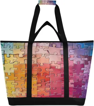 Jigsaw Puzzle Pattern Reusable Insulated Lunchbox Cooler Bag, Leakproof Kitchen Grocery Bag Collapsible Portable Cooler Tote Bag for Picnic, Camping, Office, Travel
