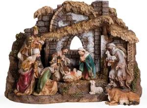 Joseph's Studio by Roman - 10-Piece Nativity Set with Stable, Includes Holy Family, Three Kings, Shepherd, Ox and Sheep, 11" H, Resin and Stone, Decorative Figures