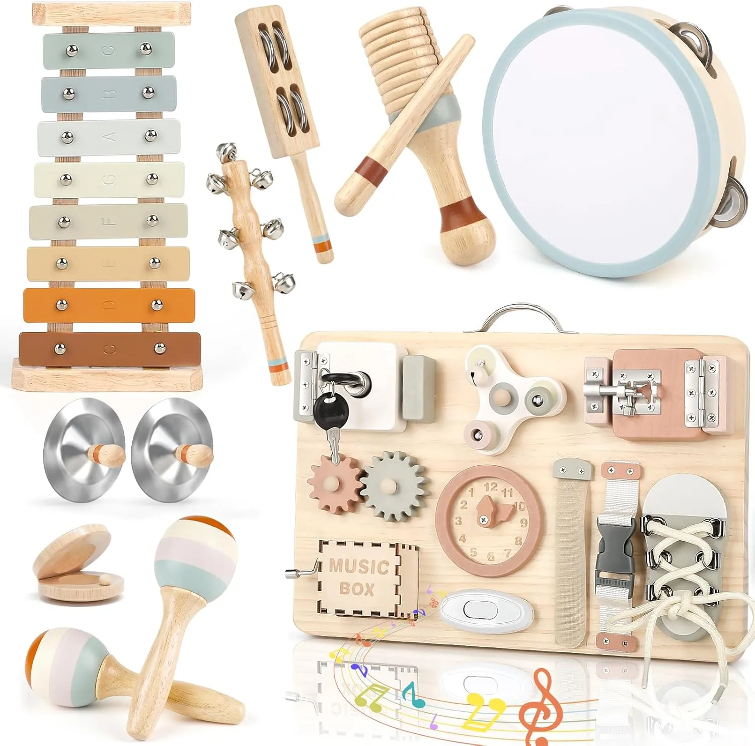 Joyreal Montessori Busy Board for Toddlers, Joyreal Baby Musical Instruments Montessori Wooden Toys for Toddlers 3