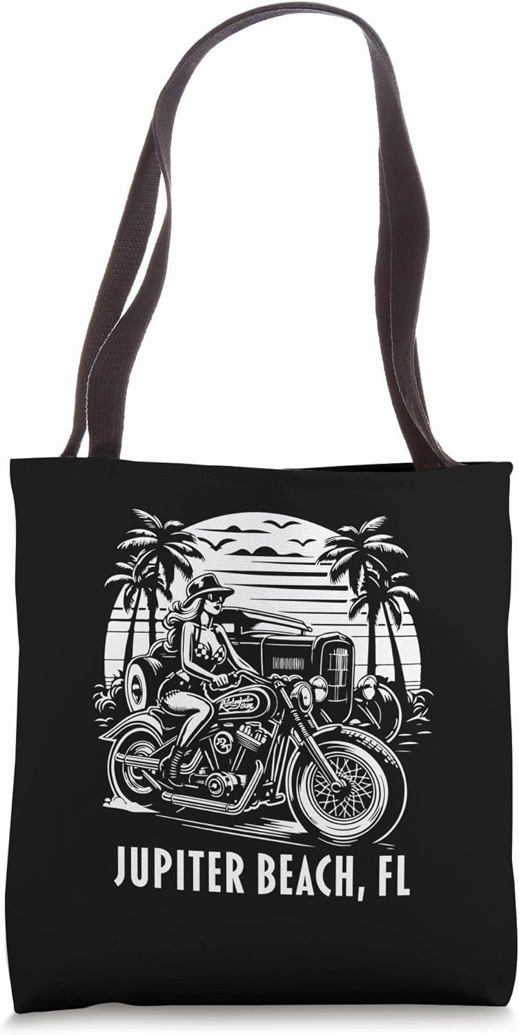 Jupiter Beach Florida Motorcycle Hotrod Vintage Design Tote Bag