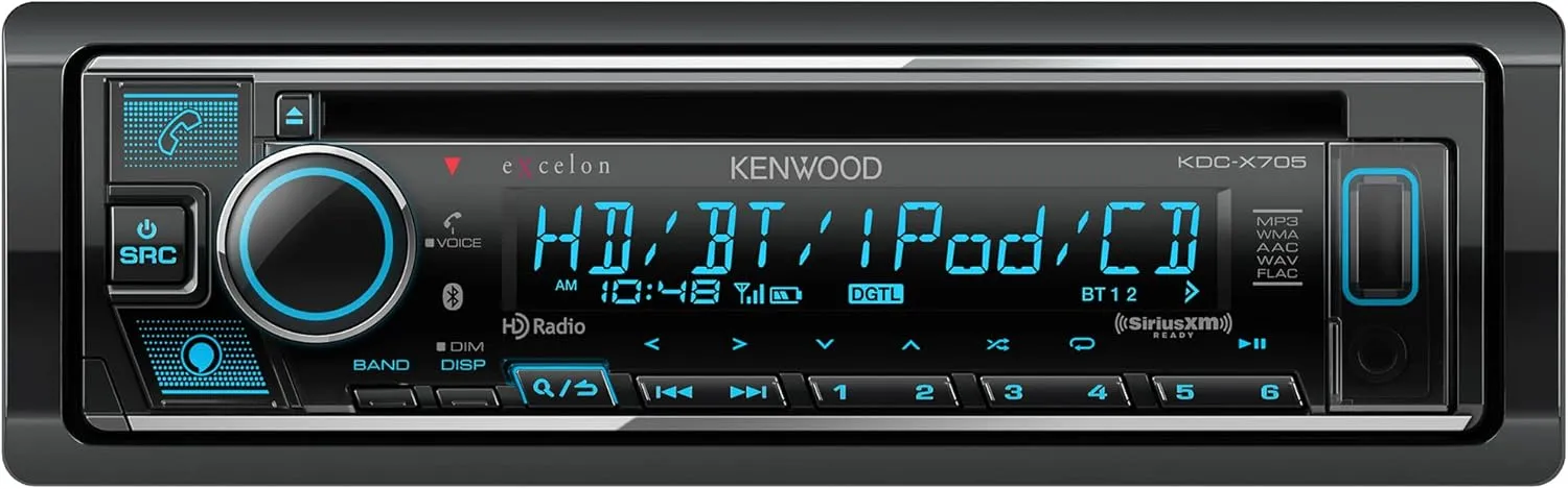 KENWOOD KDC-X705 Single DIN CD Receiver with Bluetooth, HD Radio, Alexa Built-in Spotify and Pandora Link for iPhone or Android Phones, SiriusXM Read, (3) 5Volt Pre-Outs