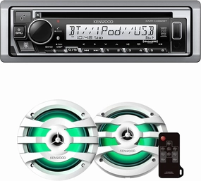 KENWOOD KMR-D382BT Car & Marine Stereo - Single Din, Bluetooth Audio, CD USB MP3, Aux in, AM FM Radio, Weatherproof | Plus Kenwood KFC-1673MRWL 6-1/2" 2-Way Marine Speakers with Grilles (Pair)