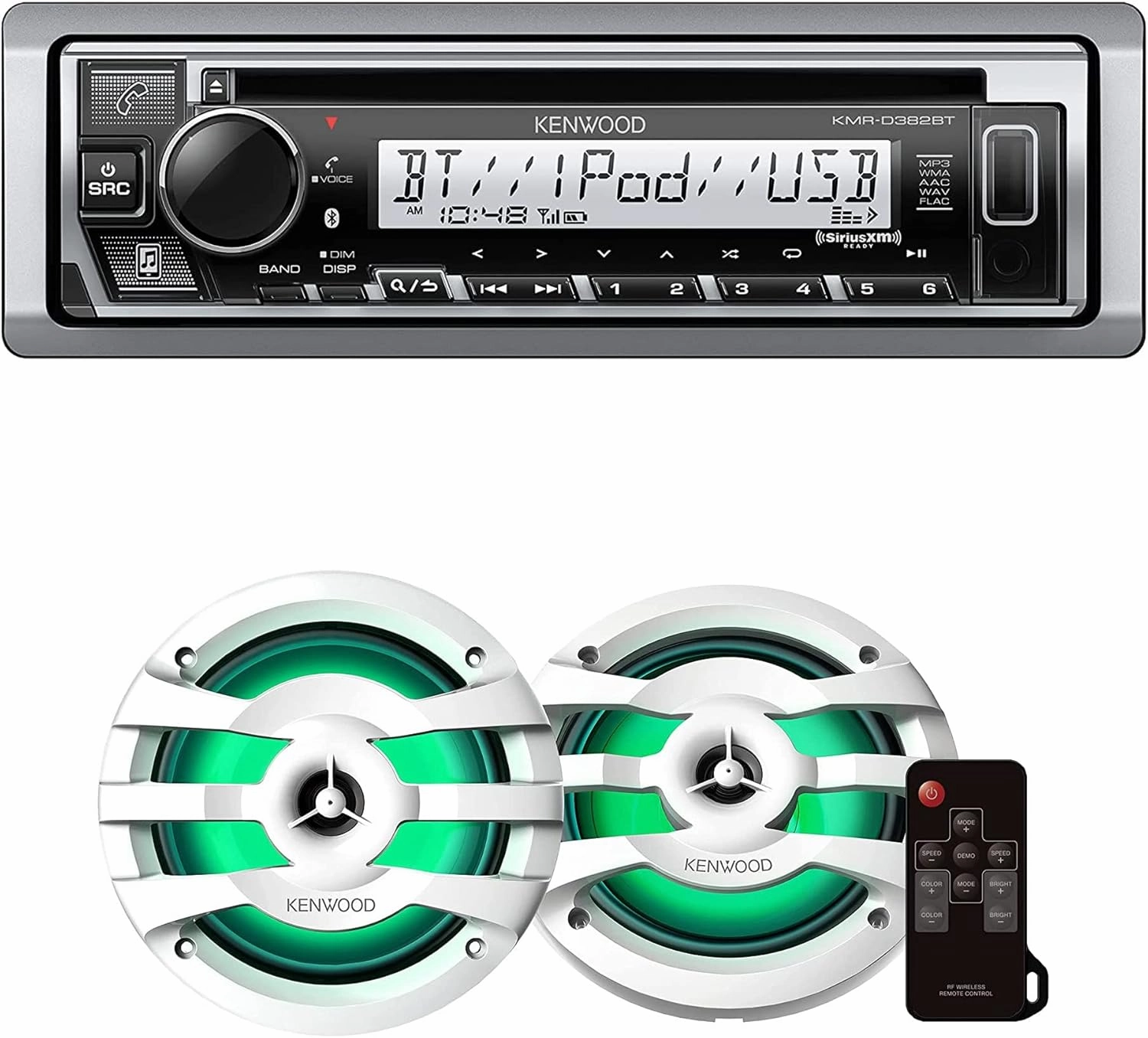 KENWOOD KMR-D382BT Car & Marine Stereo - Single Din, Bluetooth Audio, CD USB MP3, Aux in, AM FM Radio, Weatherproof | Plus Kenwood KFC-1673MRWL 6-1/2" 2-Way Marine Speakers with Grilles (Pair)