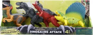 Kid Galaxy: Dinosaur Attack Figures 4pk - T Rex, Carnotaurus, Velociraptor, Dimetrodon - 7" Articulated Dino Set, Realistic Toys, Kids Ages 3 