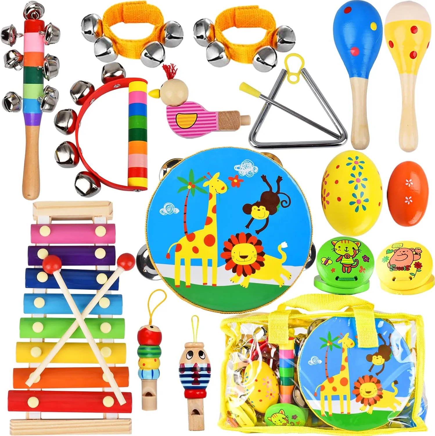 Kids Musical Instruments Set, 20 Pcs Toddler Wooden Percussion Instruments for Baby Children with Tambourine Xylophone Maracas, Preschool Musical Toys Set for Boys and Girls with Carrying Bag