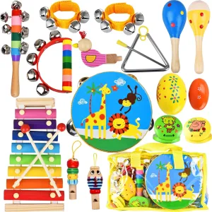 Kids Musical Instruments Set, 20 Pcs Toddler Wooden Percussion Instruments for Baby Children with Tambourine Xylophone Maracas, Preschool Musical Toys Set for Boys and Girls with Carrying Bag