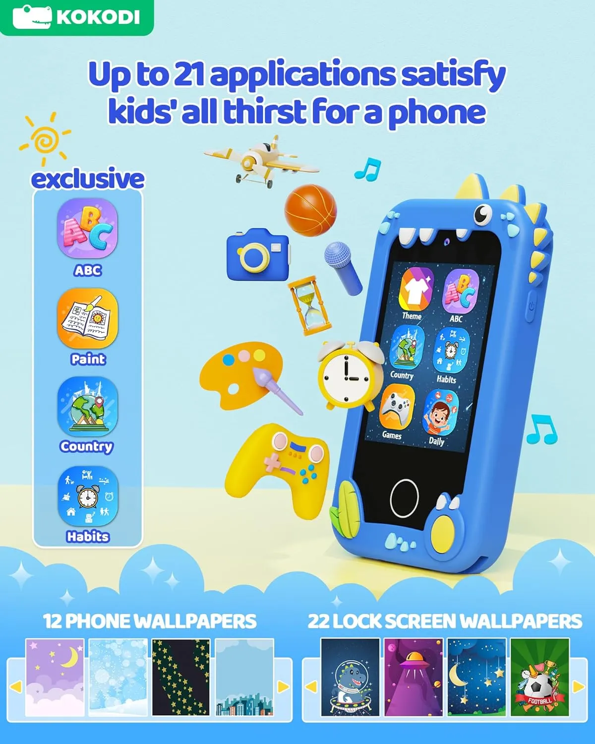 Kids Smart Phone Toy for Boys 3 4 5 6 Year Old, Dinosaur Birthday Gifts, MP3 Music Player, Dual Camera Travel Toys Educational Games, Touchscreen Pretend Play Phones for 3-8 Year Old