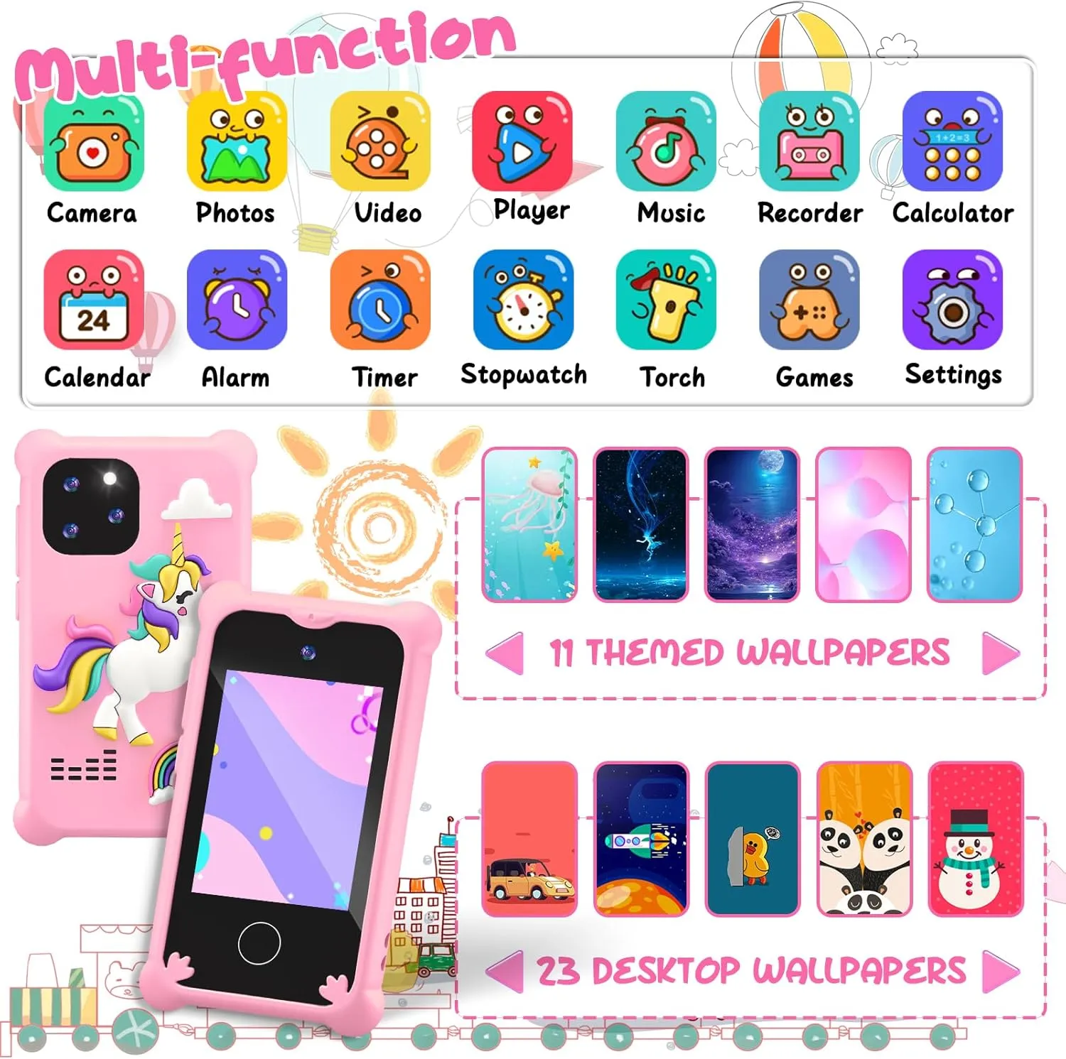 Kids Smart Phone，Unicorn Toys Phone for Girls Touchscreen Play Phone Dual Camera Toddler Learning Toys Music Player Puzzle Games Christmas Birthday Gifts for 3 4 5 6 7 8 9 Year Old Girls with SD Card