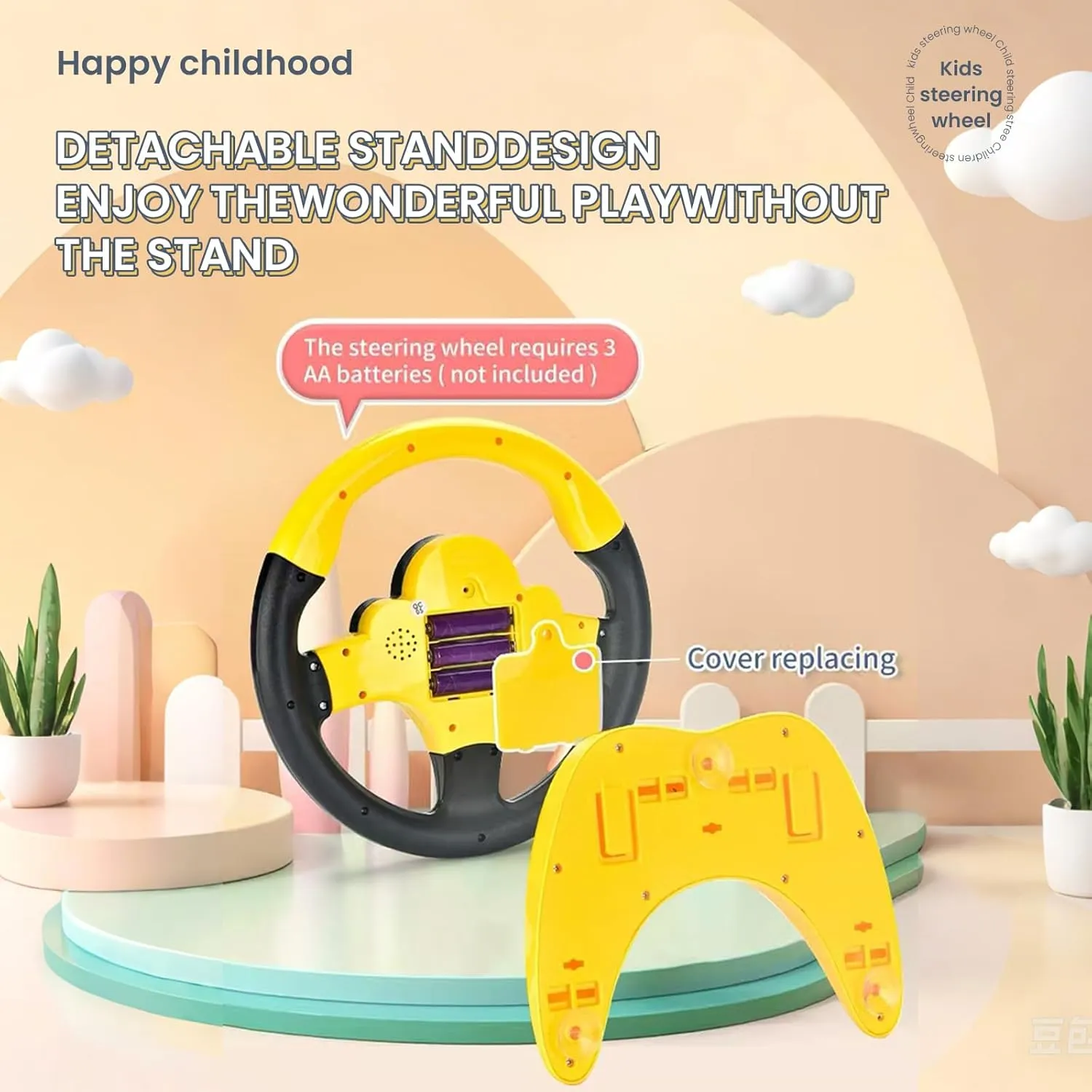 Kids Steering Wheel Toy for Car Backseat with Light and Music,Suction Cups Base-Interactive Simulated Driving Toy Steering Wheel for Kids Boys Girls,Yellow