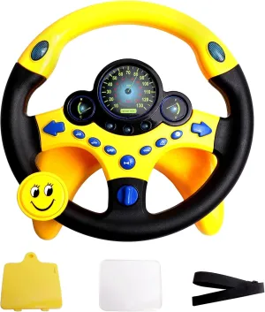 Kids Steering Wheel Toy for Car Backseat with Light and Music,Suction Cups Base-Interactive Simulated Driving Toy Steering Wheel for Kids Boys Girls,Yellow