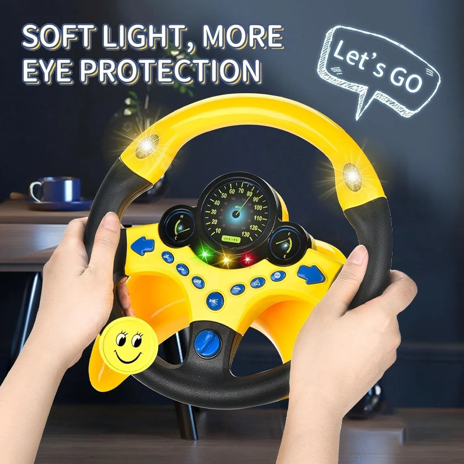 Kids Steering Wheel Toy for Car Backseat with Light and Music,Suction Cups Base-Interactive Simulated Driving Toy Steering Wheel for Kids Boys Girls,Yellow