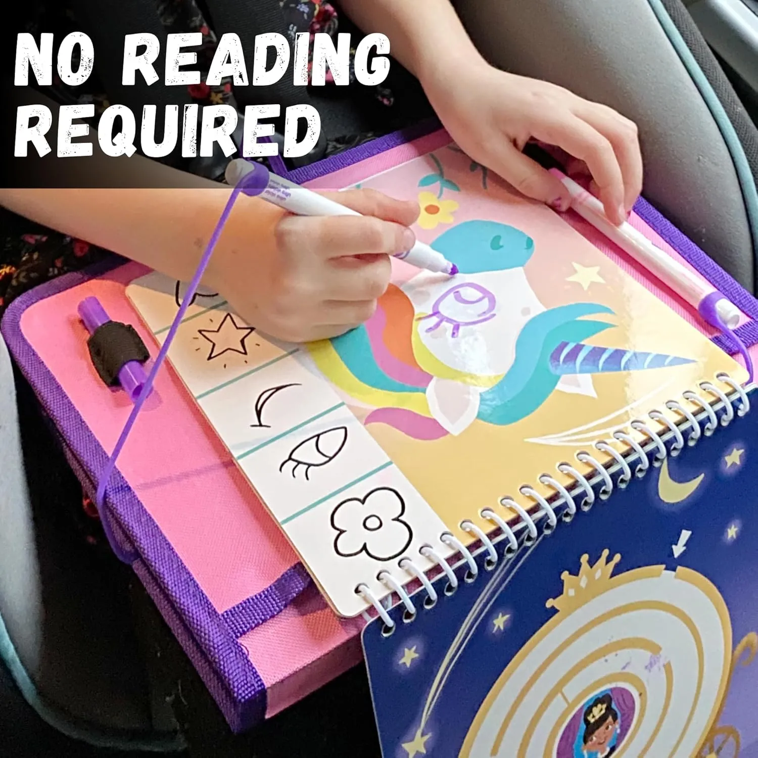 Kids Travel Educational Activity Book with Washable Markers - Car and Airplane Activities, Learning Toys for Toddlers- Reusable Stickers for Ages 4, 5, 6 (Ocean & Extra Princess Book)