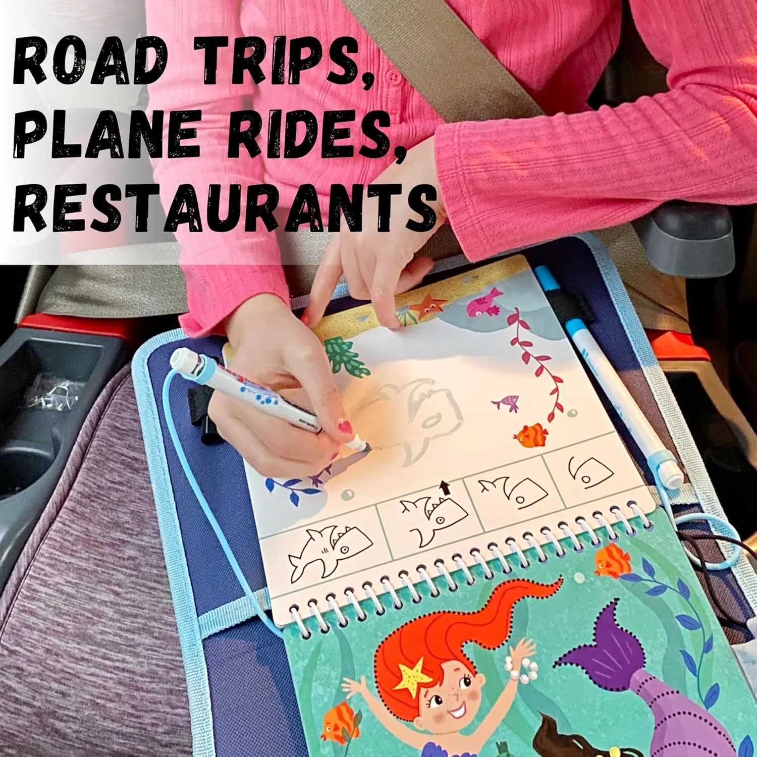 Kids Travel Educational Activity Book with Washable Markers - Car and Airplane Activities, Learning Toys for Toddlers- Reusable Stickers for Ages 4, 5, 6 (Ocean & Extra Princess Book)