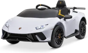 Kidzone Kids 12V Licensed Lamborghini Huracan Ride On Car Battery Powered Electric Vehicle Toy with 2 Speeds, 4-Wheel Drive, Suspension System, 2.4G Remote Parent Control, MP3, LED Headlights - White