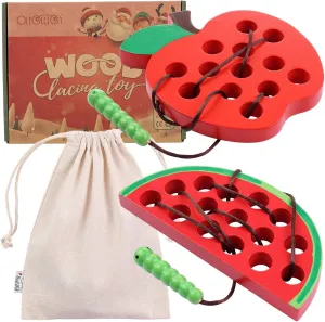 KLT Lacing Toy for Toddlers, Wooden Threading Toys, 1 Apple 1 Watermelon with Bag, Fine Motor Learning Activity for Kids, Travel Games for Plane Car Road Trip