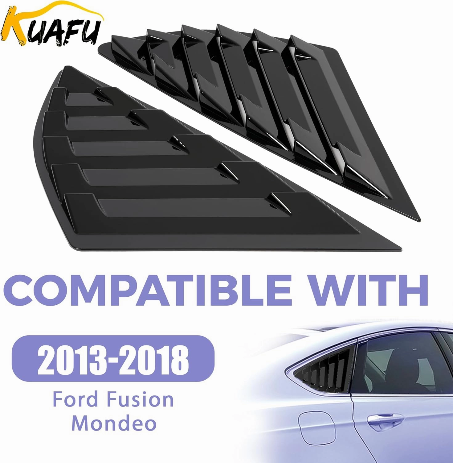 KUAFU Rear Side Window Louver Compatible with 2013-2020 Ford Fusion Mondeo Windshield Sun Shade Cover Air Vent Scoop Shades Cover Blinds Trim ABS Black