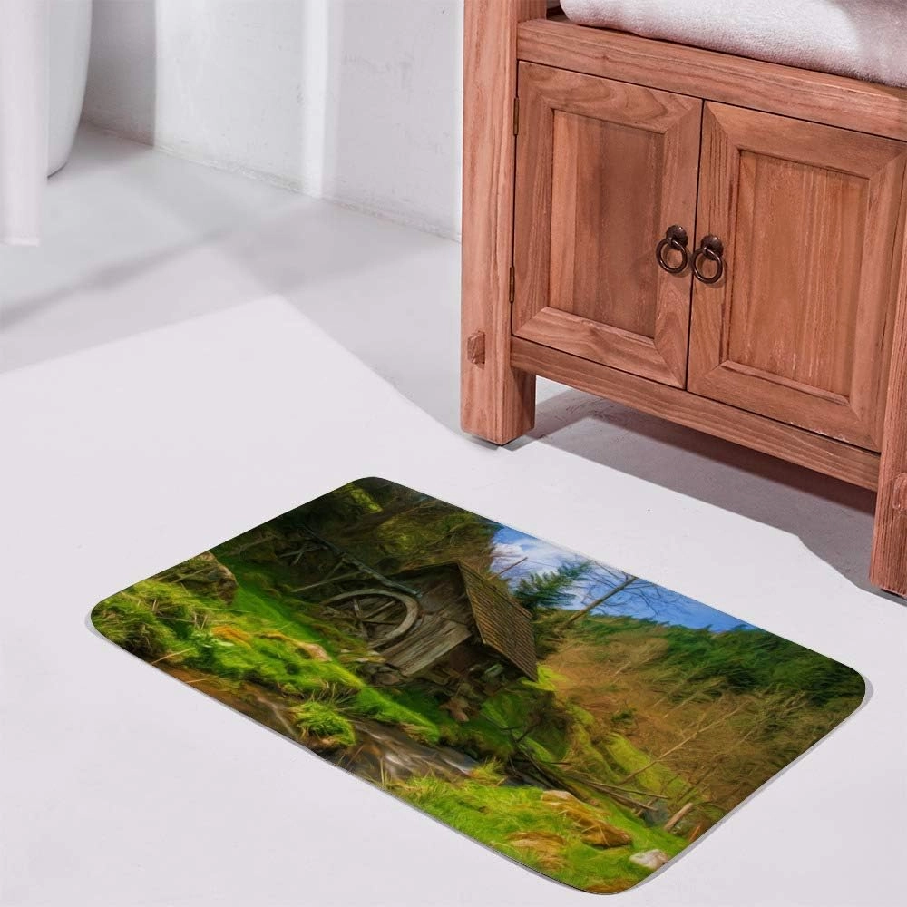 Kuizee Bath Rug Mat Tub Doormat Floor Rugs Bathroom ﻿Oil Painting Green Mountain Forest Cabin Stream Nature Non-Slip Absorbent Decor Memory Foam Soft 31×20 Inches