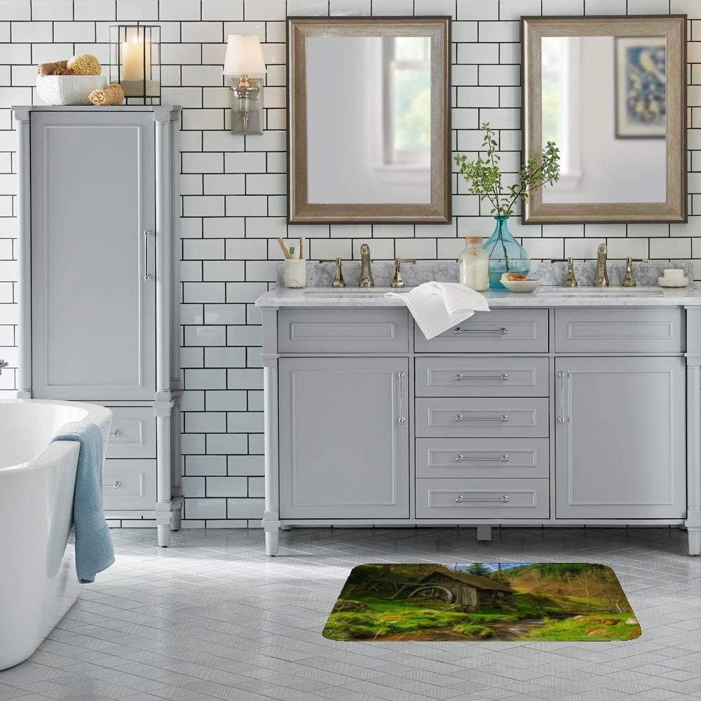 Kuizee Bath Rug Mat Tub Doormat Floor Rugs Bathroom ﻿Oil Painting Green Mountain Forest Cabin Stream Nature Non-Slip Absorbent Decor Memory Foam Soft 31×20 Inches