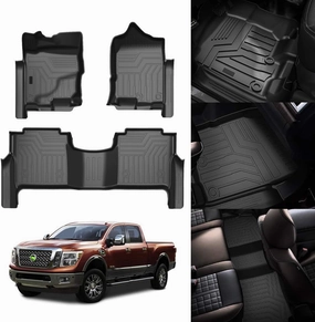KUST Custom Fit Floor Mats for 2017-2024 Nissan Titan / 2016-2024 Nissan Titan XD Crew Cab (with Rear Under Seat Organizer) All Weather Floor Liners 5D 1st & 2nd Row Carpet Liners Black