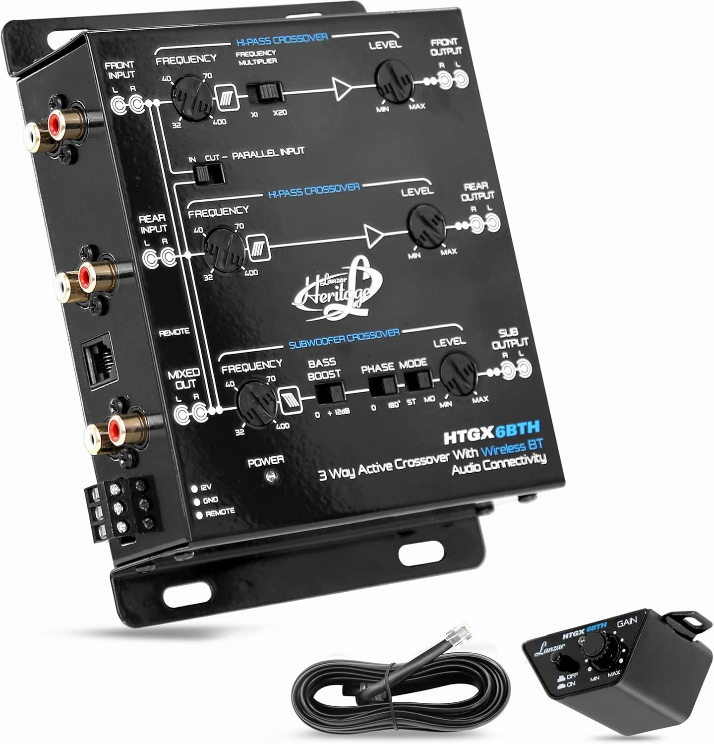 Lanzar 2 And 3 Way Active Crossover With Bluetooth Wireless Audio Connectivity, Asymmetrical Cross Over Adjustable Bass Shaper, 18dB Or 12dB Per Octave Selectable Slope, RCA Mono Stereo (HTGX6BTH)