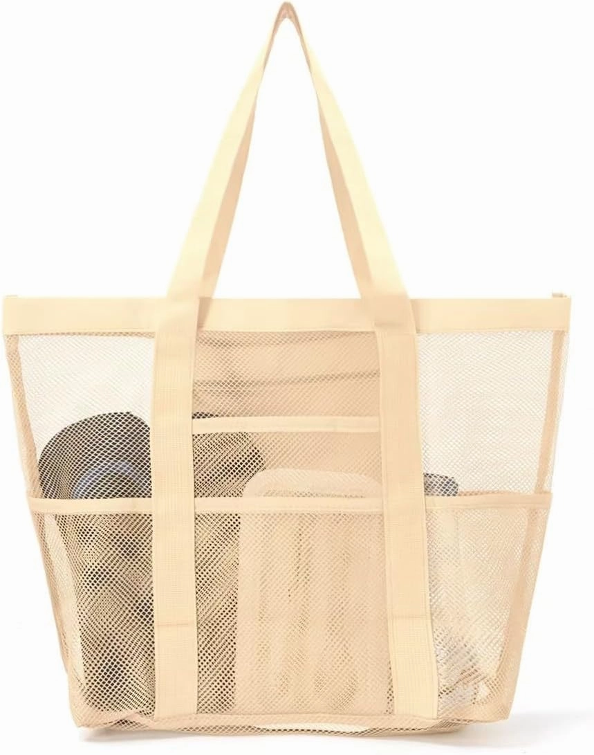 Large Capacity Toy Storage Bag - 8 Pockets Handheld Shoulder Beach Bag for Bathroom and Bath Toys(Khaki)
