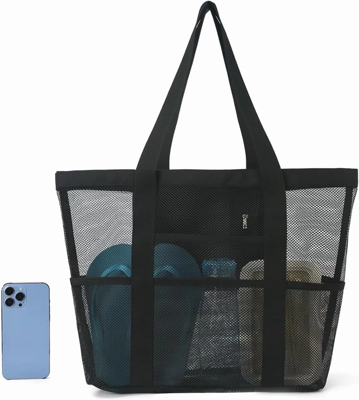 Large Capacity Toy Storage Bag - 8 Pockets Handheld Shoulder Beach Bag for Bathroom and Bath Toys(Khaki)