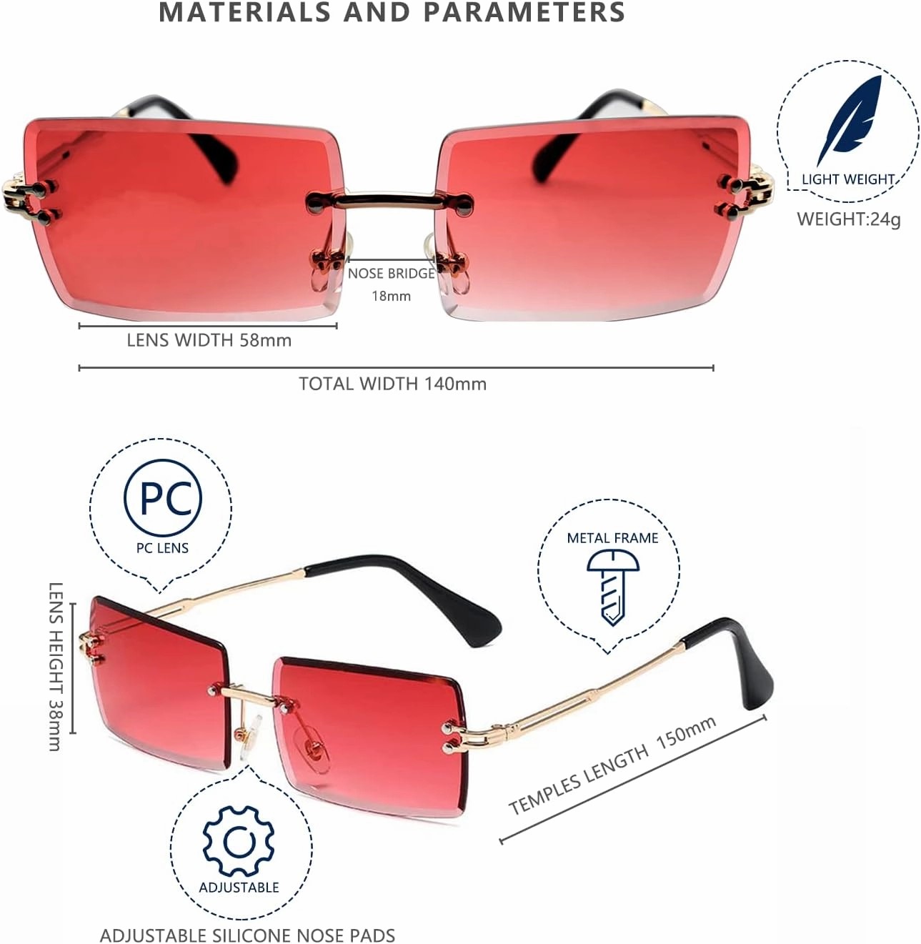 LASPOR Retro Rimless Rectangle Sunglasses for Women Men Tinted Lens Gold Metal Frameless Vintage Square Glasses
