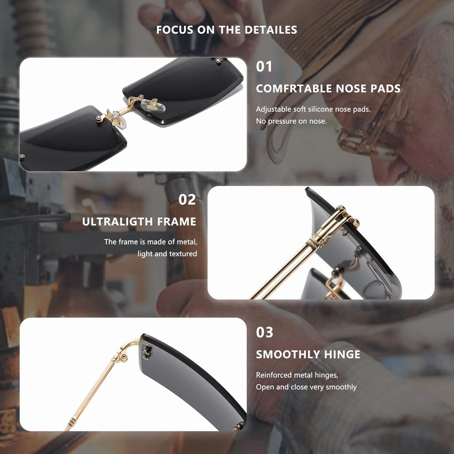 LASPOR Retro Rimless Rectangle Sunglasses for Women Men Tinted Lens Gold Metal Frameless Vintage Square Glasses