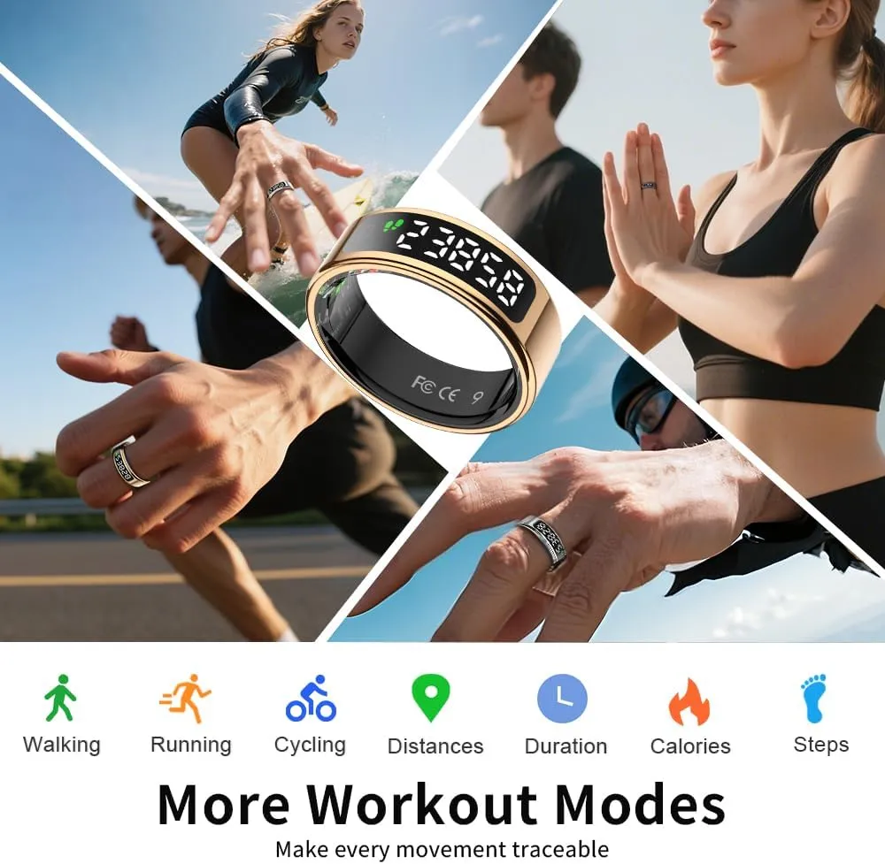 LCD Display Smart Ring - Sleep Tracker Touch Control Ring with Heart Rate/Blood Oxygen/Step Counter, Wireless Charging Dock, 5ATM Waterproof Fitness Tracker, No Subscription Fee for iOS/Android
