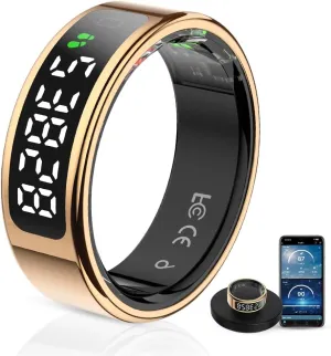 LCD Display Smart Ring - Sleep Tracker Touch Control Ring with Heart Rate/Blood Oxygen/Step Counter, Wireless Charging Dock, 5ATM Waterproof Fitness Tracker, No Subscription Fee for iOS/Android