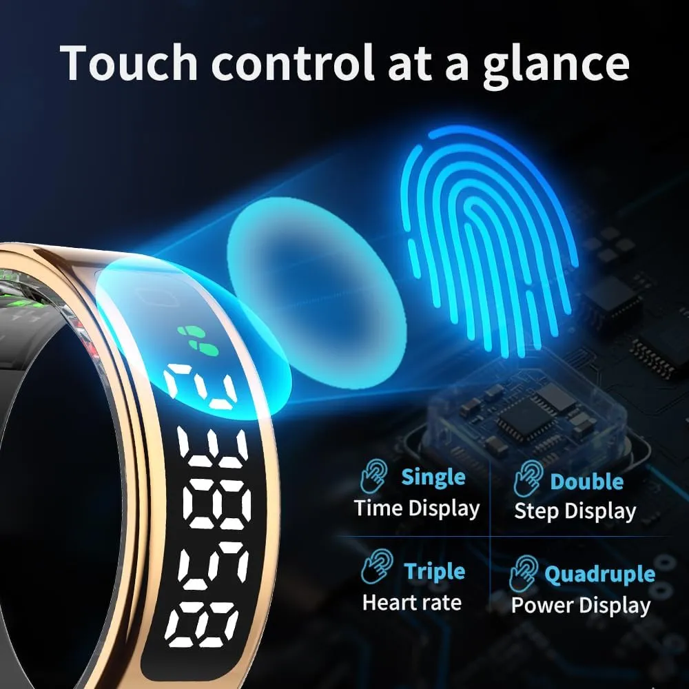 LCD Display Smart Ring - Sleep Tracker Touch Control Ring with Heart Rate/Blood Oxygen/Step Counter, Wireless Charging Dock, 5ATM Waterproof Fitness Tracker, No Subscription Fee for iOS/Android