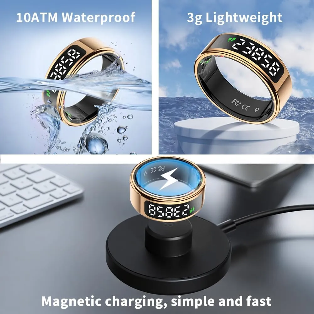 LCD Display Smart Ring - Sleep Tracker Touch Control Ring with Heart Rate/Blood Oxygen/Step Counter, Wireless Charging Dock, 5ATM Waterproof Fitness Tracker, No Subscription Fee for iOS/Android