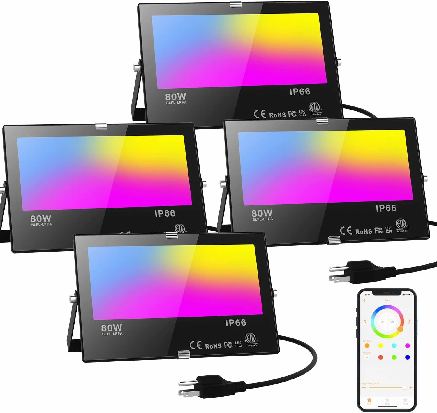 LED Flood Light Outdoor 800W Equivalent 8000LM, Smart RGB Color Changing Landscape Lighting with APP Control, IP66 Waterproof Outdoor LED Lights Daylight 5700K, DIY Scenes, Timing Floodlights, 4 Pack