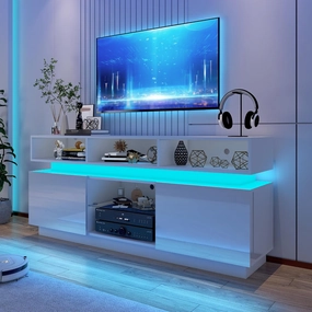 LED TV Stand for 75 Inch TV, Modern Tall Entertainment Center with Storage, High Gloss Gaming TV Media Console with Glass Shelf for Living Room, 63 Inch, White
