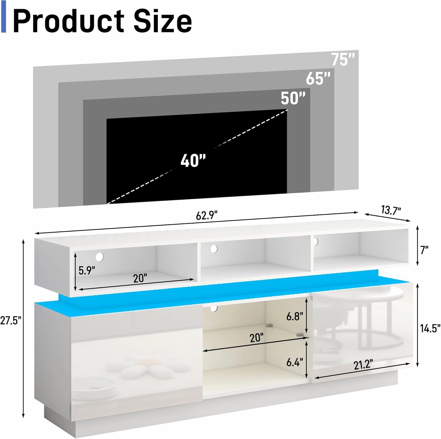 LED TV Stand for 75 Inch TV, Modern Tall Entertainment Center with Storage, High Gloss Gaming TV Media Console with Glass Shelf for Living Room, 63 Inch, White