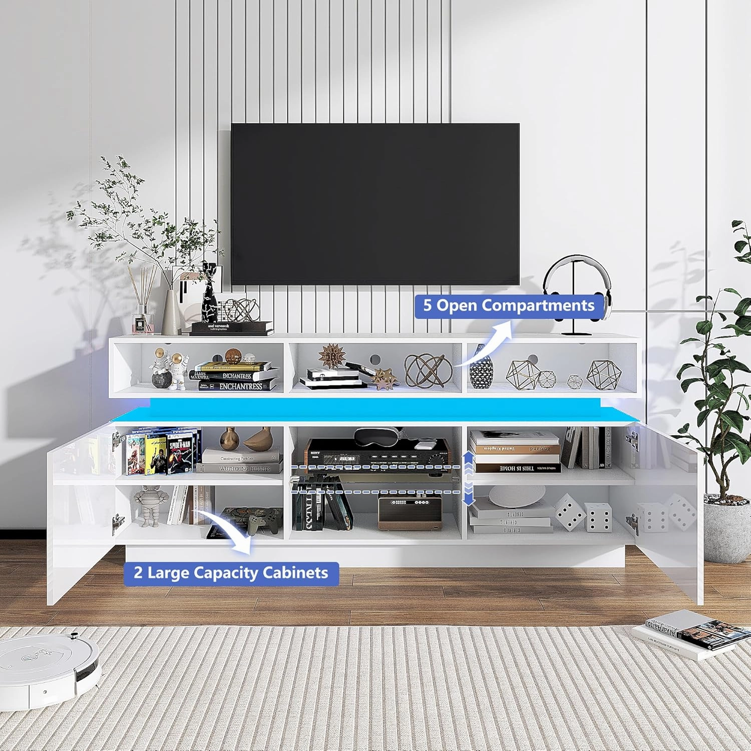 LED TV Stand for 75 Inch TV, Modern Tall Entertainment Center with Storage, High Gloss Gaming TV Media Console with Glass Shelf for Living Room, 63 Inch, White
