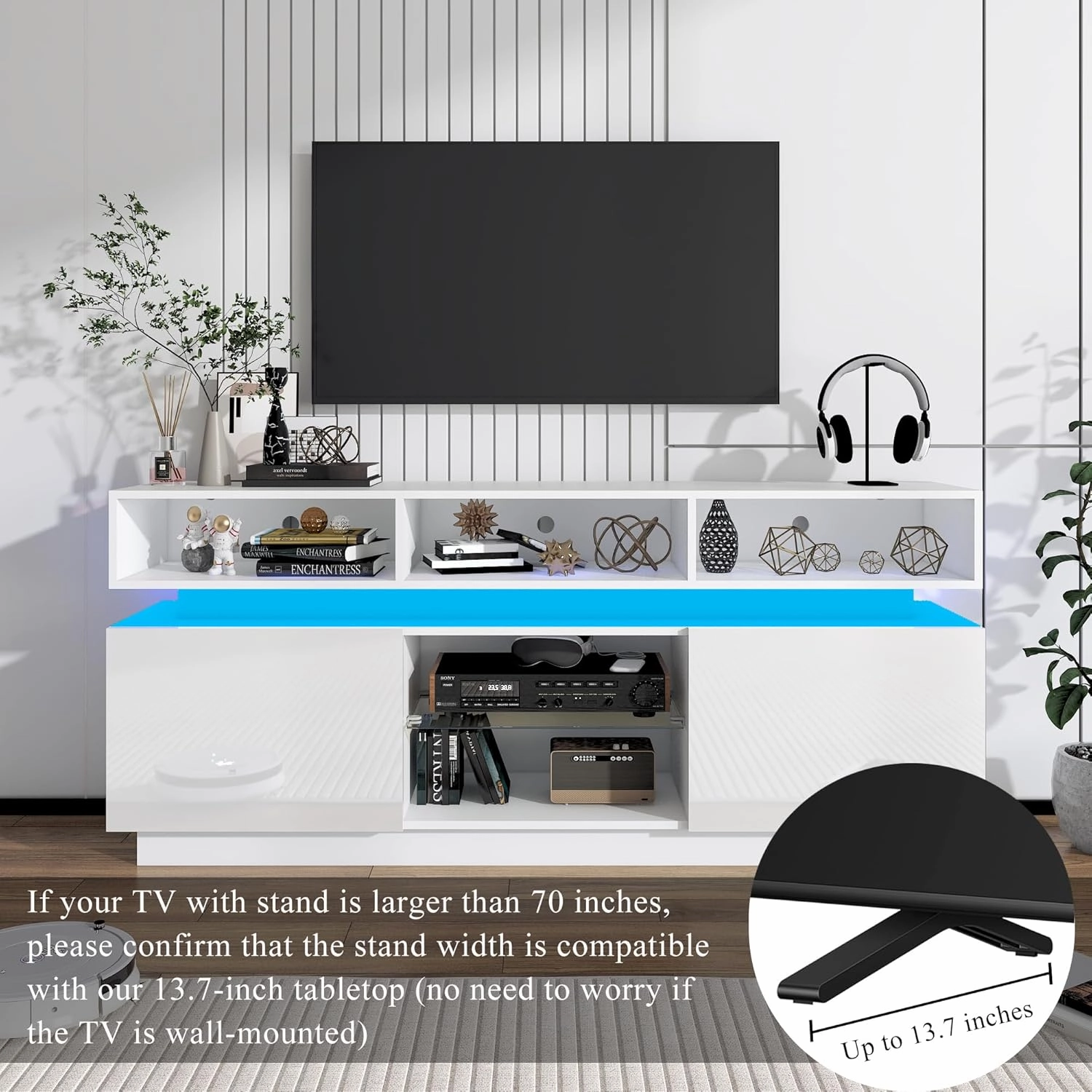 LED TV Stand for 75 Inch TV, Modern Tall Entertainment Center with Storage, High Gloss Gaming TV Media Console with Glass Shelf for Living Room, 63 Inch, White