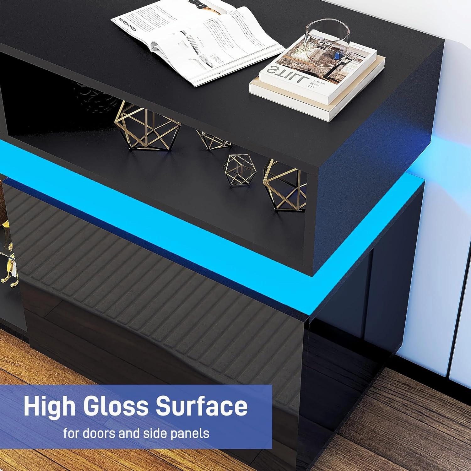 LED TV Stand for 80 Inch TV, Modern Tall Entertainment Center with Storage, High Gloss Gaming TV Media Console with Glass Shelf for Living Room, 70 Inch, Black