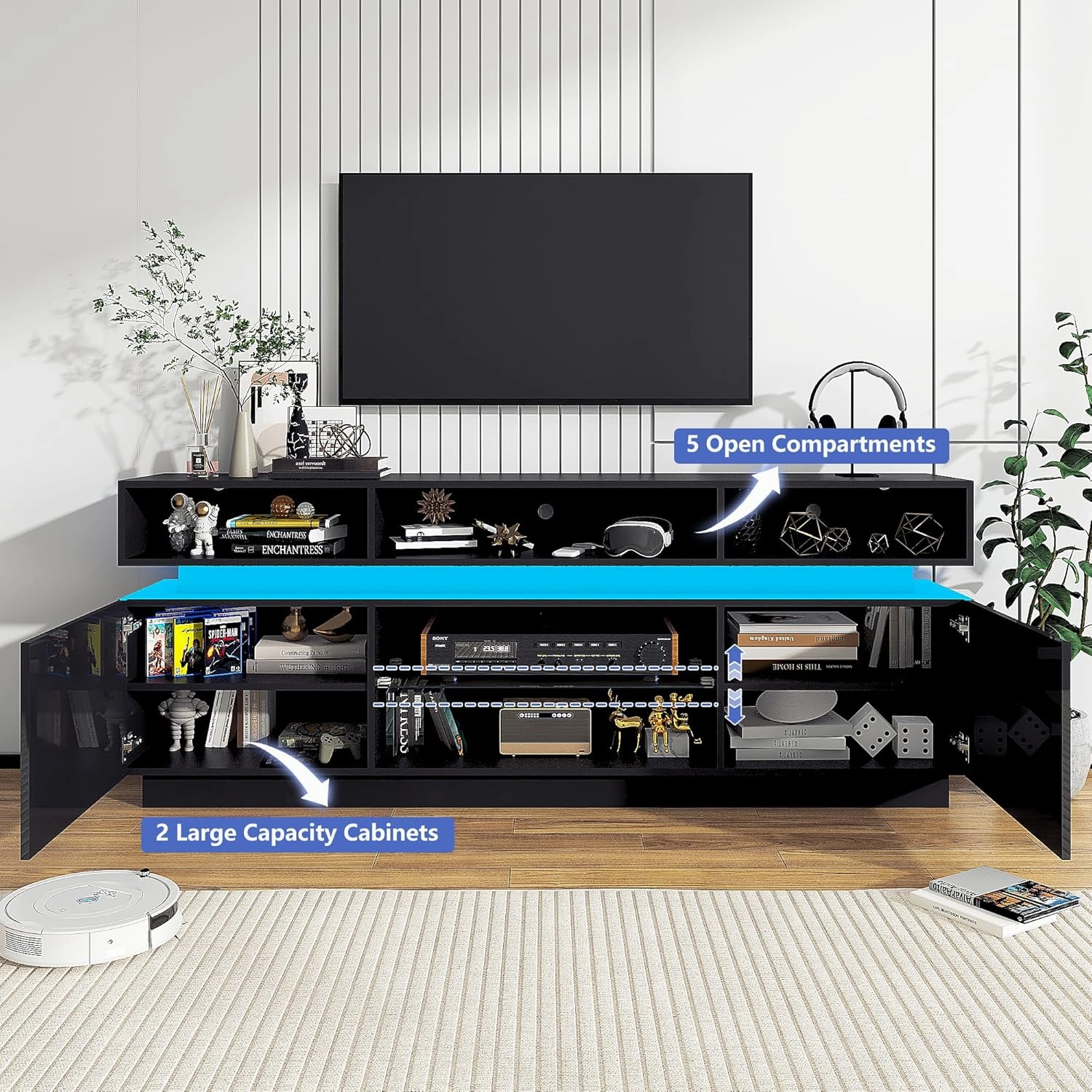 LED TV Stand for 80 Inch TV, Modern Tall Entertainment Center with Storage, High Gloss Gaming TV Media Console with Glass Shelf for Living Room, 70 Inch, Black