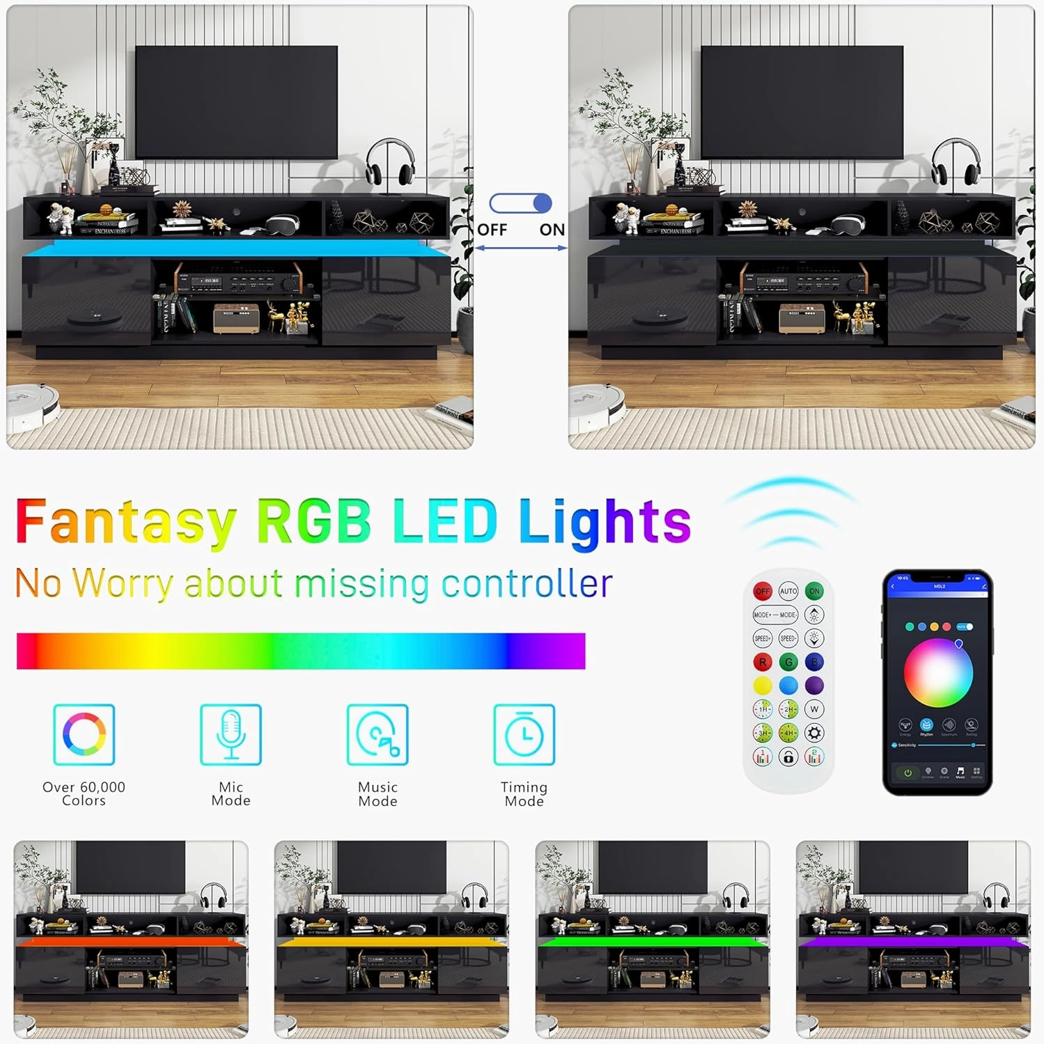 LED TV Stand for 80 Inch TV, Modern Tall Entertainment Center with Storage, High Gloss Gaming TV Media Console with Glass Shelf for Living Room, 70 Inch, Black