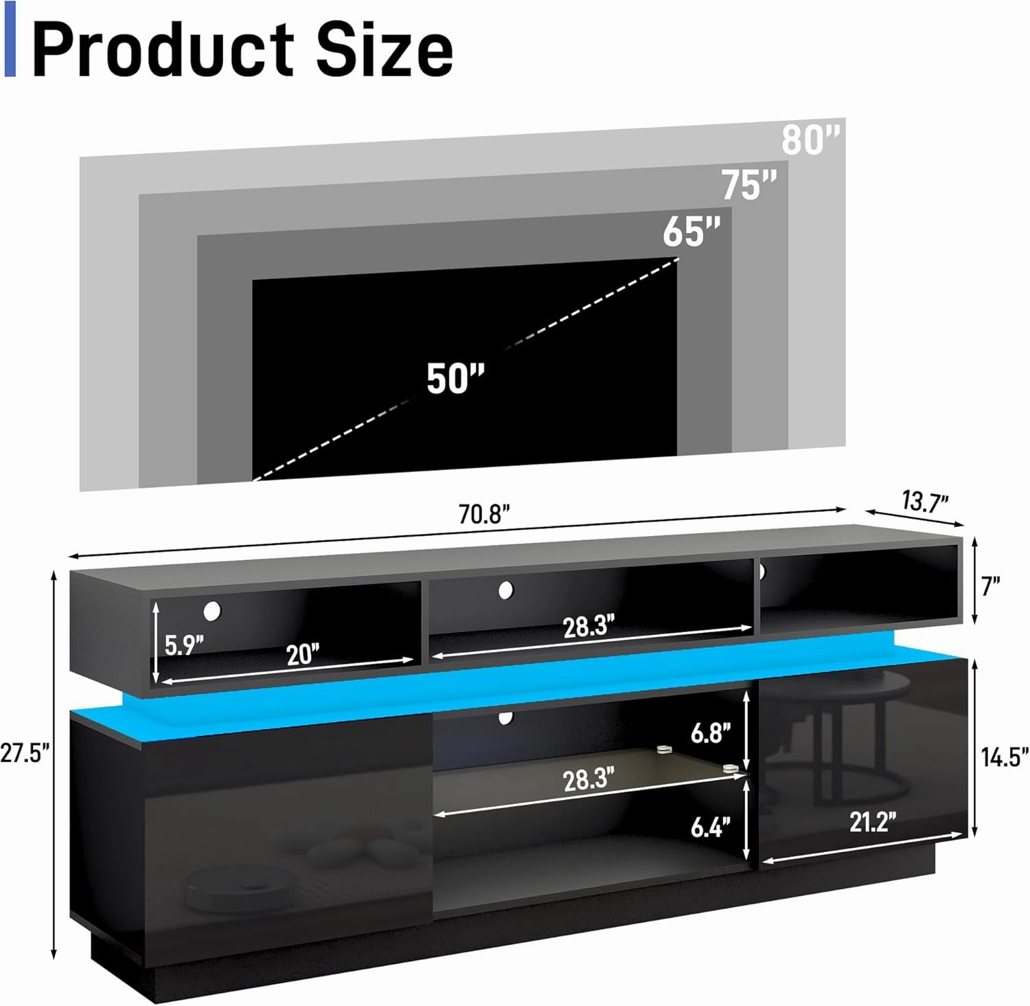 LED TV Stand for 80 Inch TV, Modern Tall Entertainment Center with Storage, High Gloss Gaming TV Media Console with Glass Shelf for Living Room, 70 Inch, Black