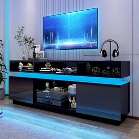 LED TV Stand for 80 Inch TV, Modern Tall Entertainment Center with Storage, High Gloss Gaming TV Media Console with Glass Shelf for Living Room, 70 Inch, Black